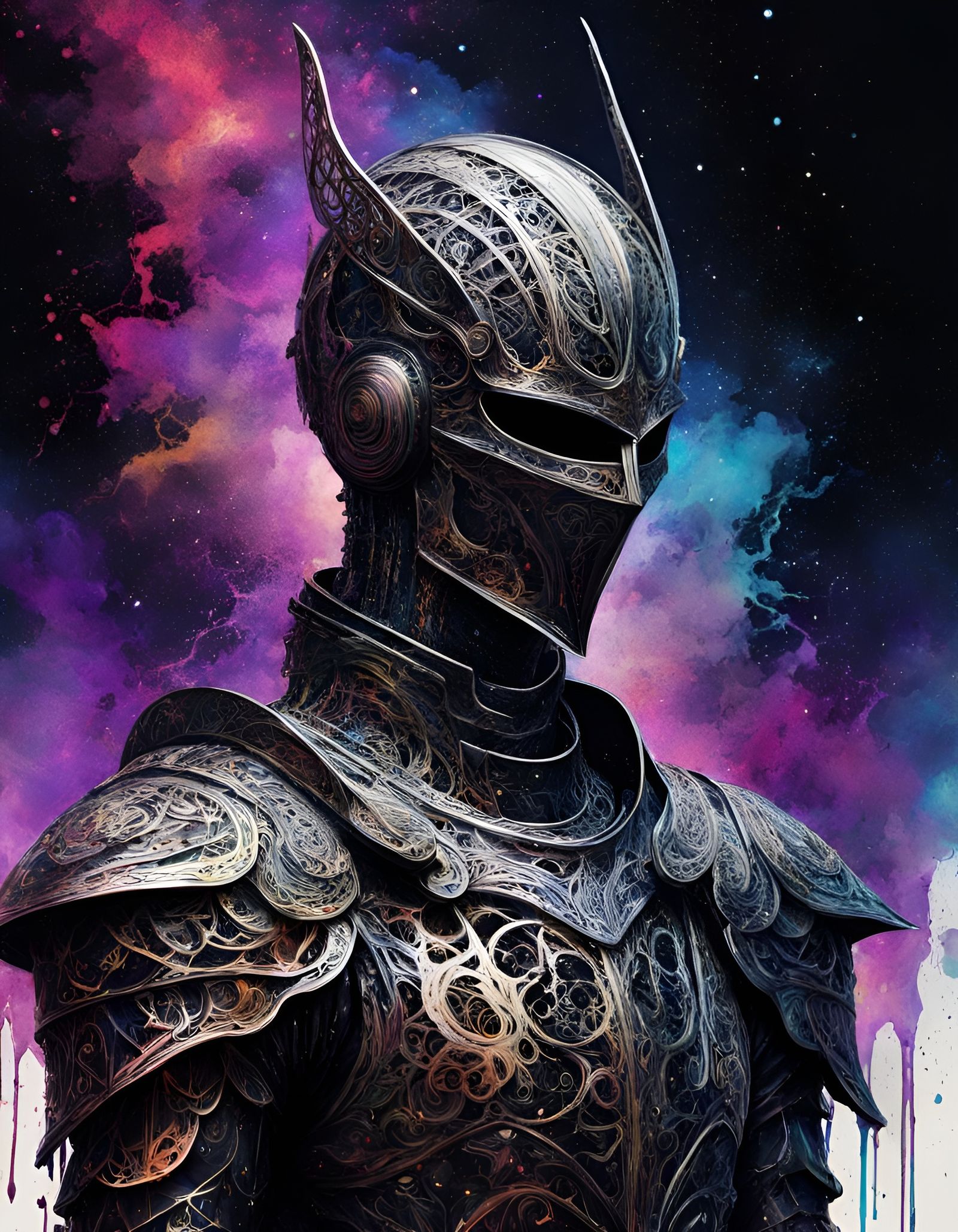 Majestic Ink Splatter Knight in a Cosmic Galaxy