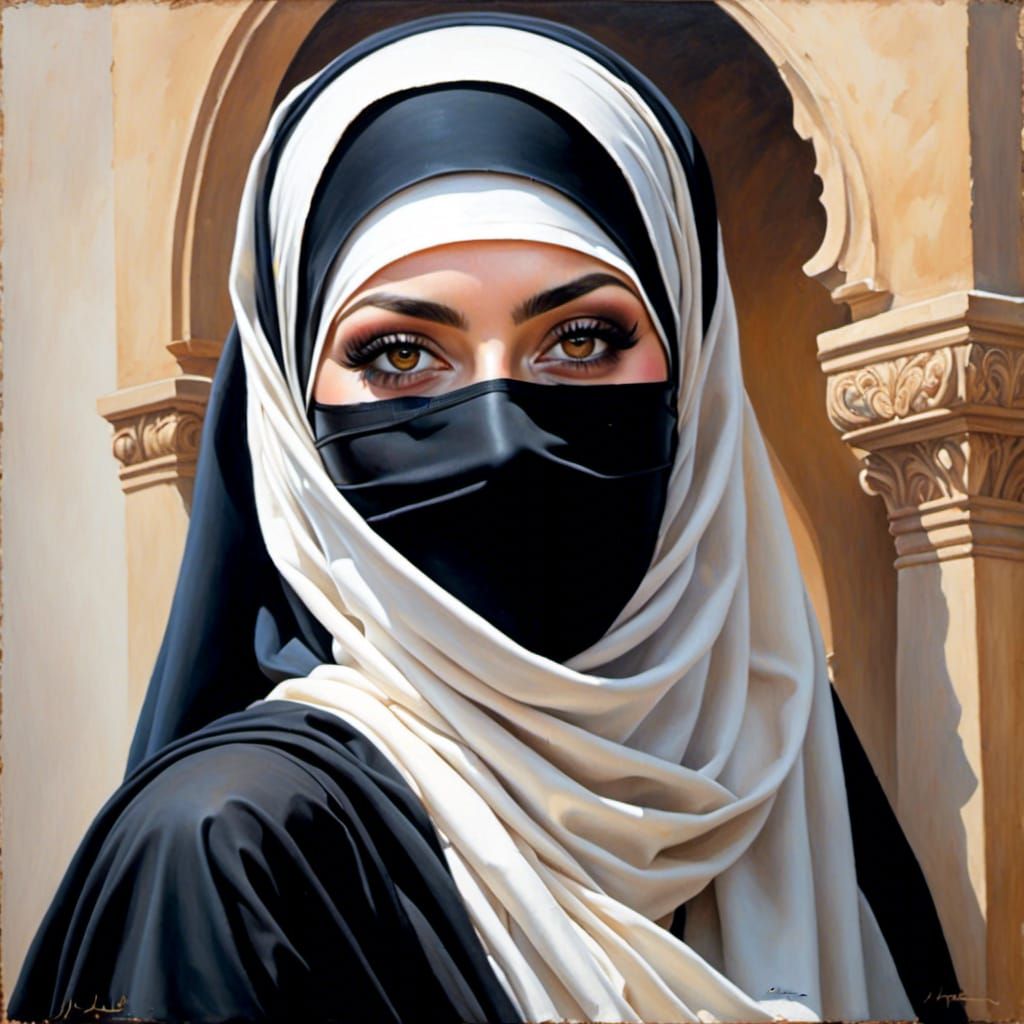 Elegant Smiling Woman in Niqab: Oil-Gouache Portrait