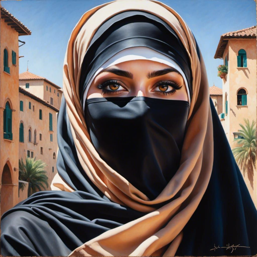 Elegant Smiling Woman with Niqab in Oil Painting