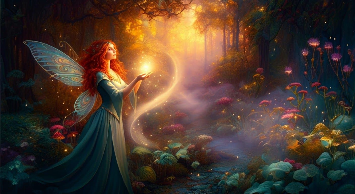 Mystical Sorceress in Lush Forest during Golden Hour