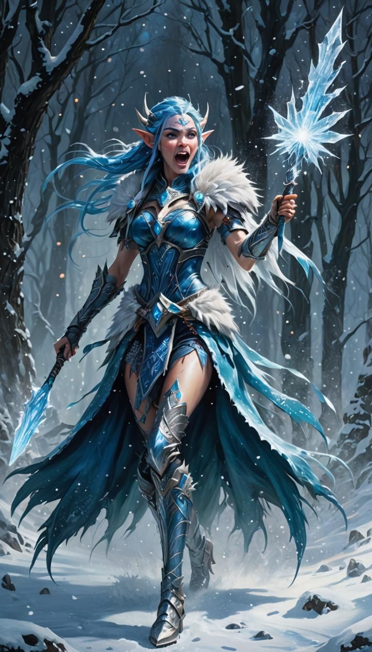 Action shot, A beautiful blue-haired female ice elf supermod...