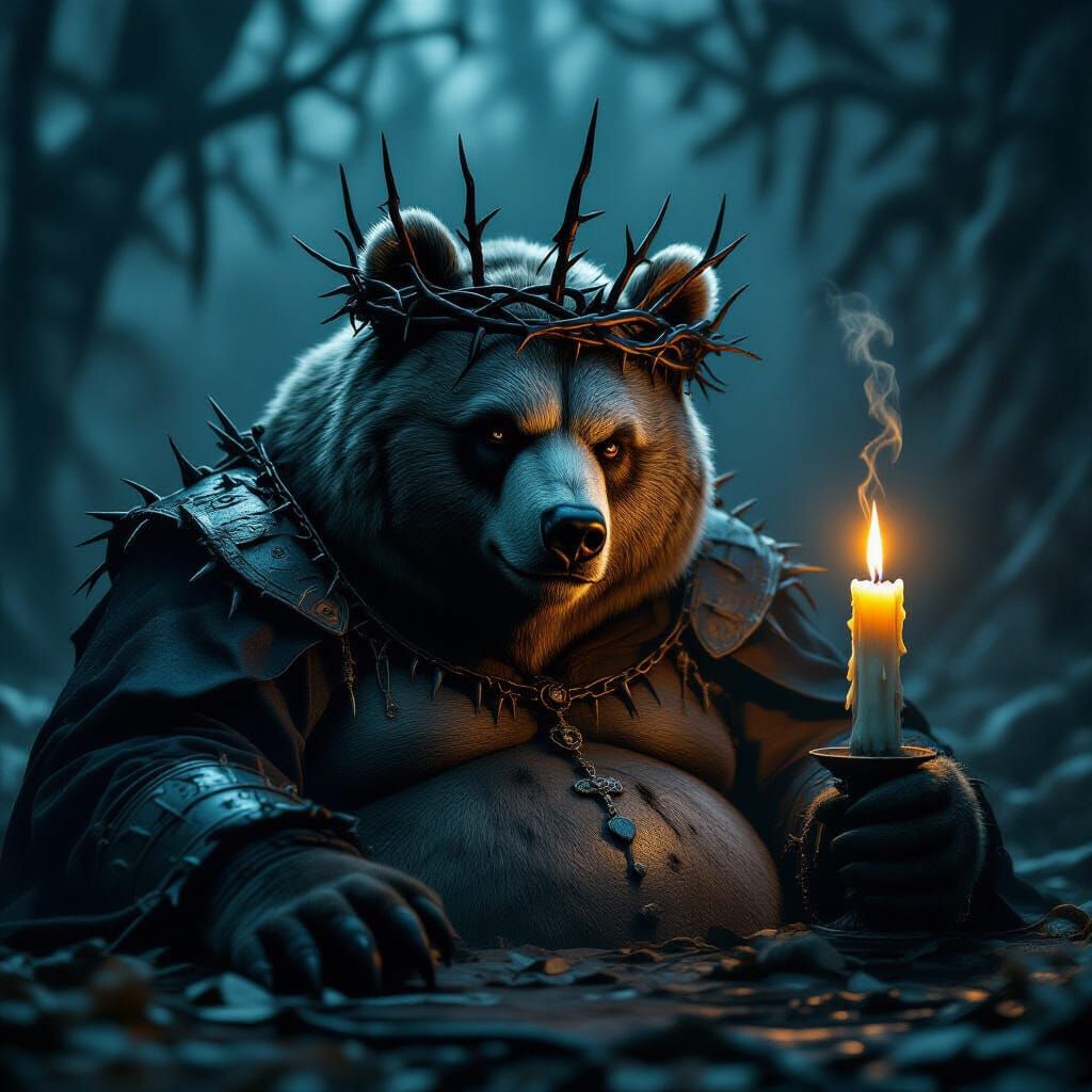 Obese Bear with Crown of Thorns in Dark Fantasy Style