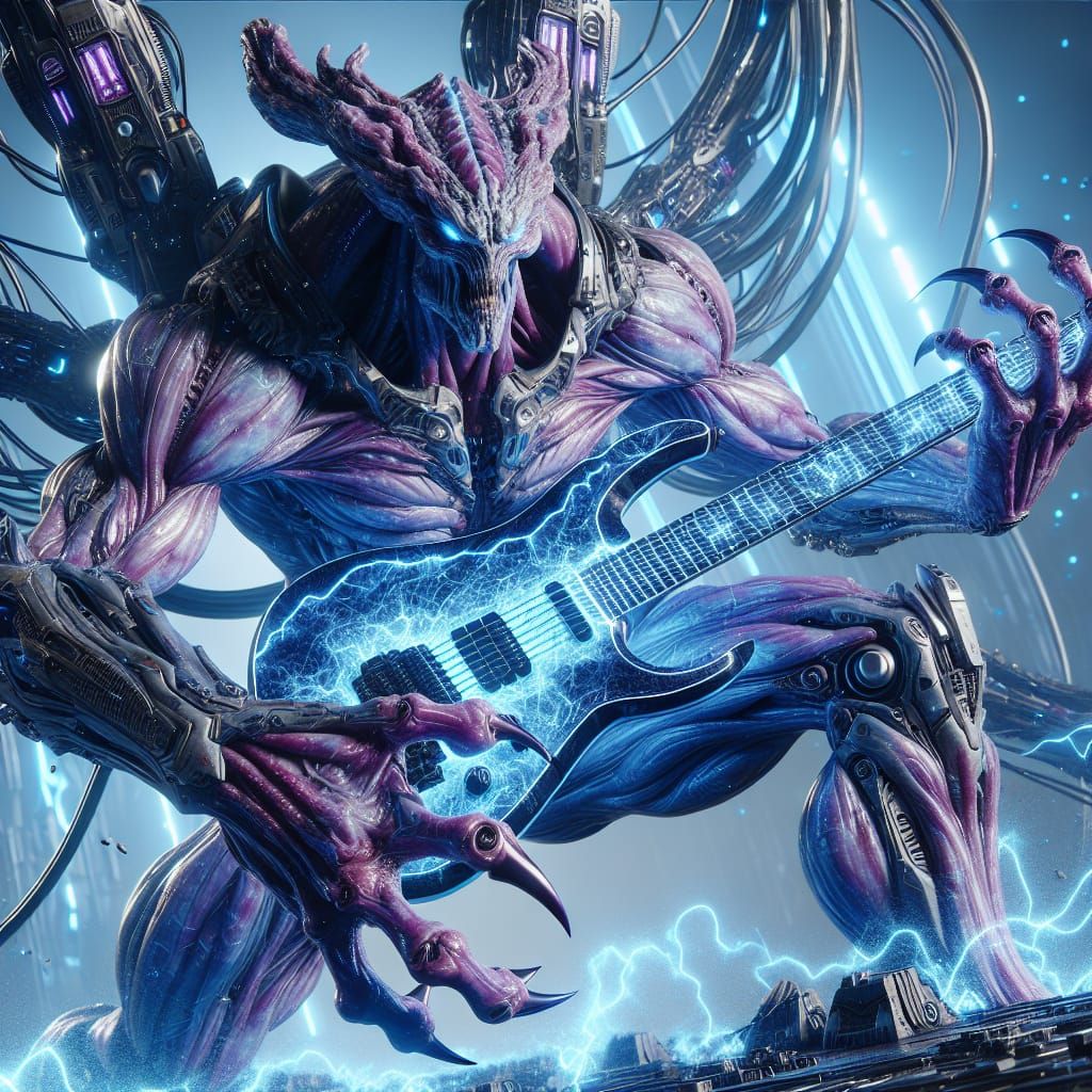 Epic Alien Warrior Shreds on Electric Guitar in Sci-Fi Fanta...