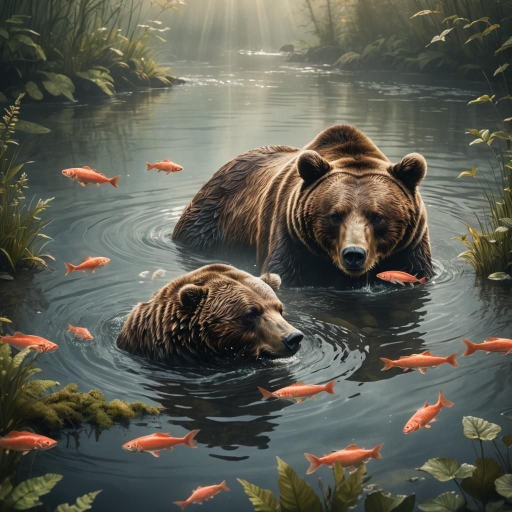 Bear Amidst Salmon in Aqua Oasis