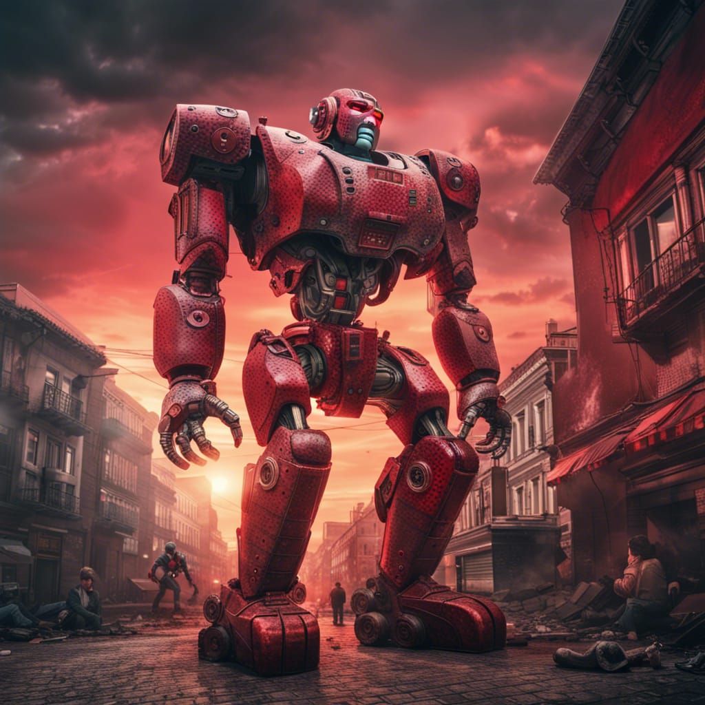 Cyborg Warrior Engages Ancient Metropolis in Intense Battle