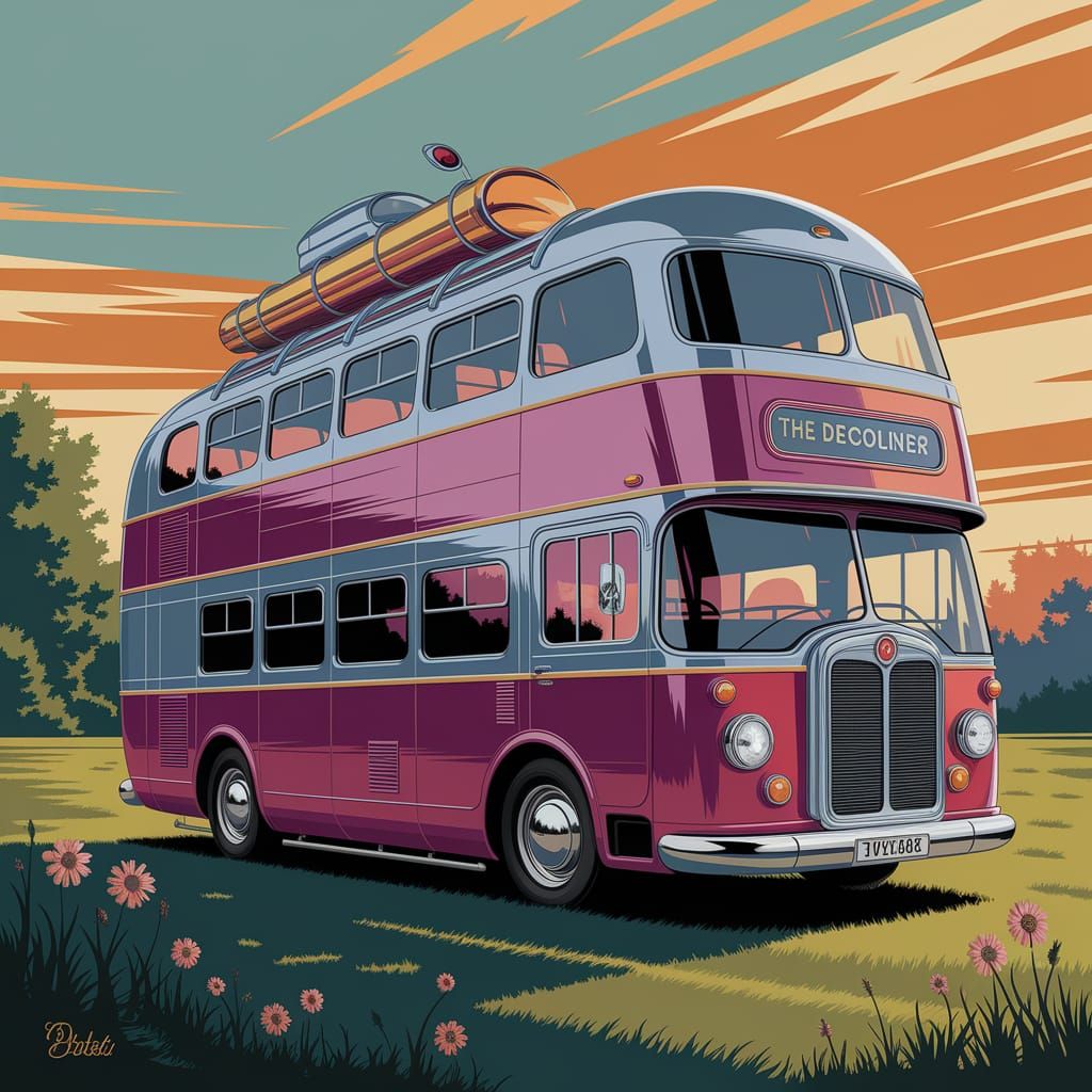 Retro-Futuristic Double-Decker Mobile Under Golden Sunset