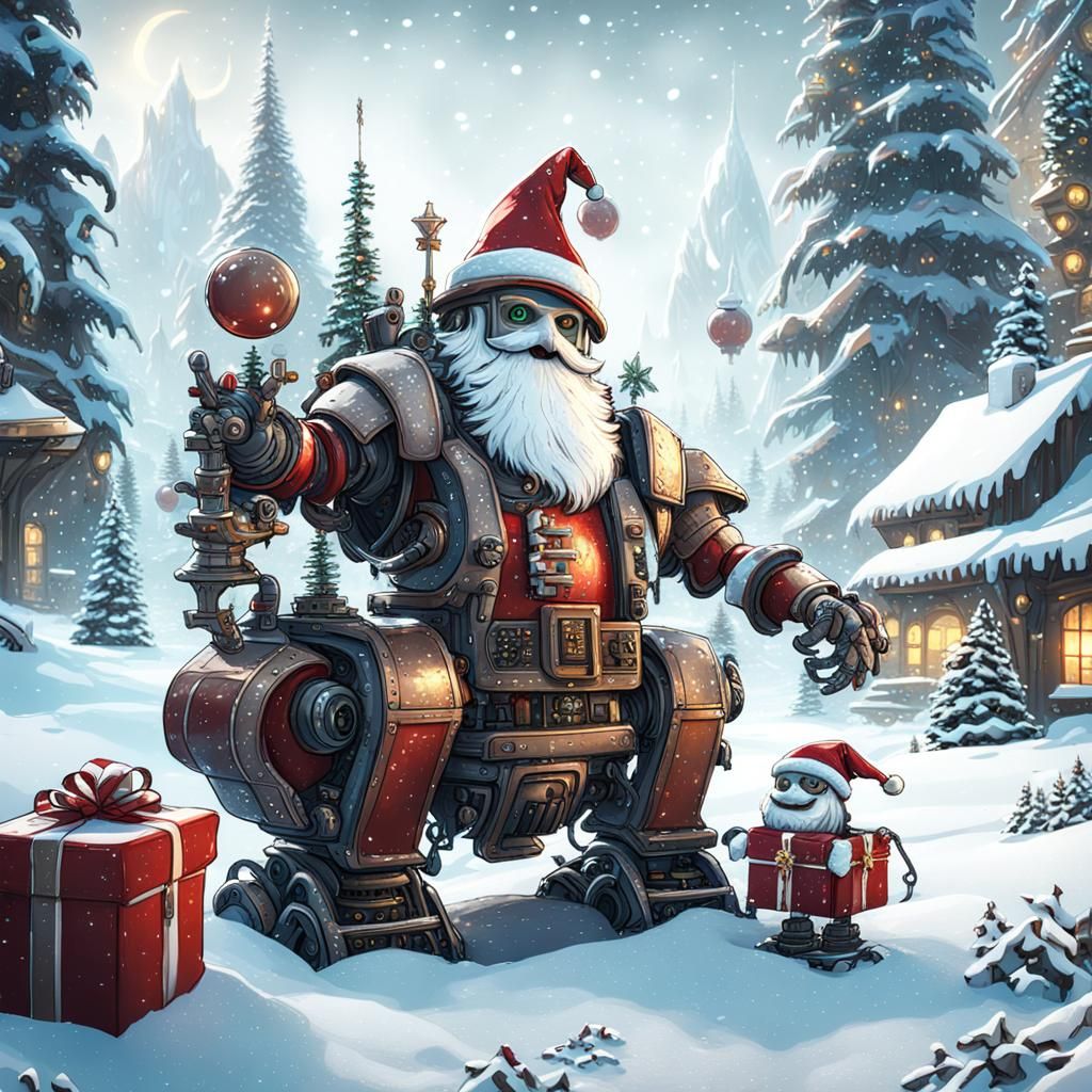 A jolly robot dressed as Santa Claus distributing presents t...