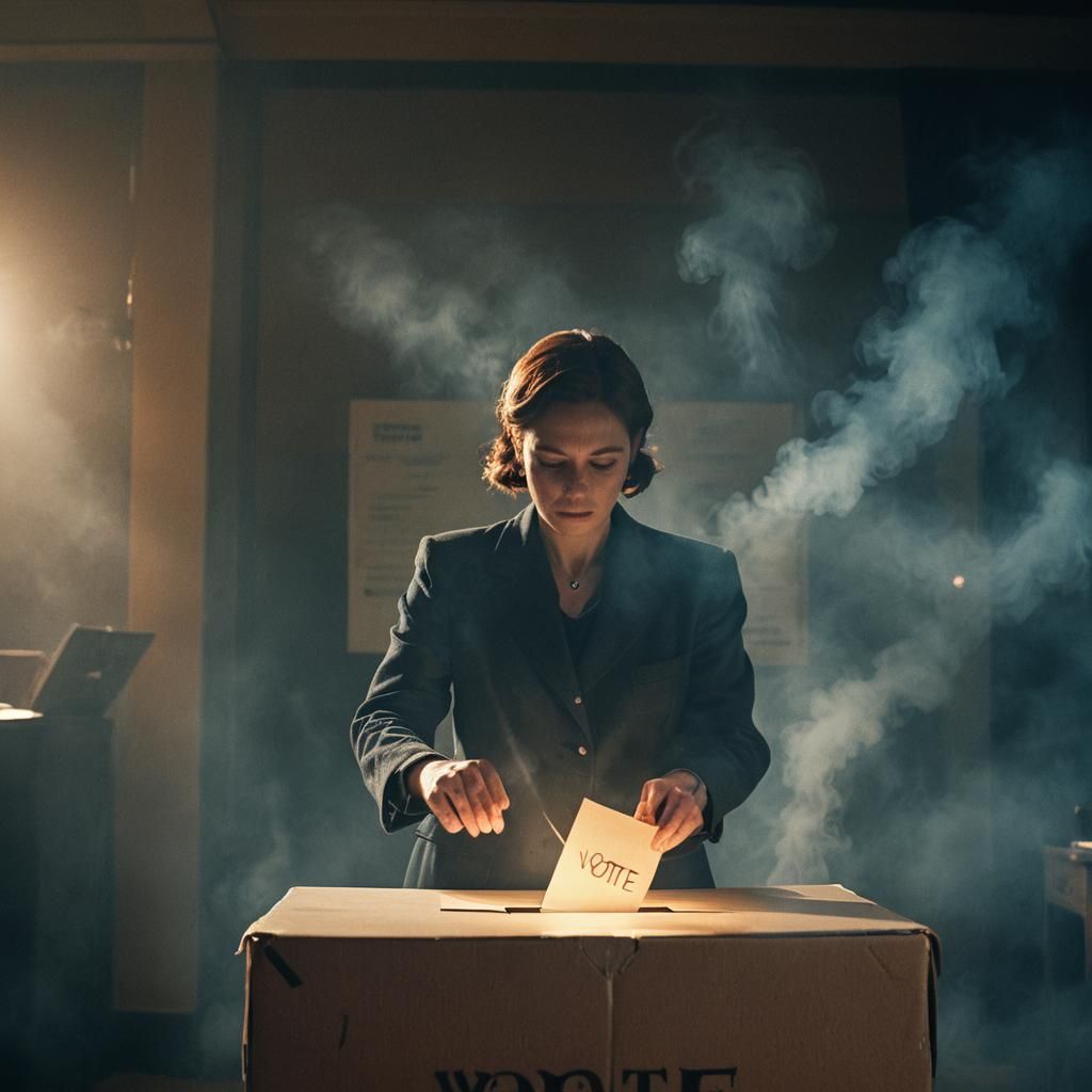 Grim Shadows Dance Across the Face of a Voter in a Dimly Lit...