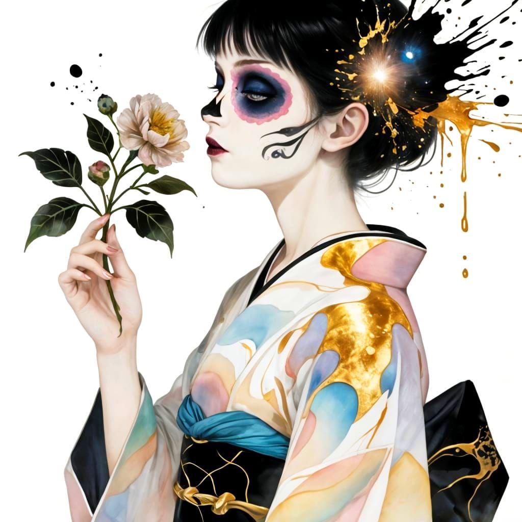 Botanical Kimono Girl in Ink, Watercolor and Gold