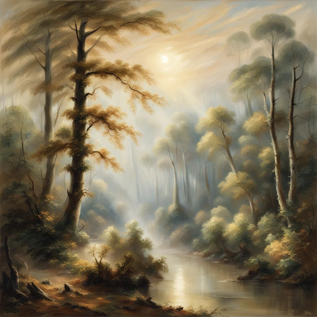 Misty Moonlit Forest in Soft, Feathery Textures