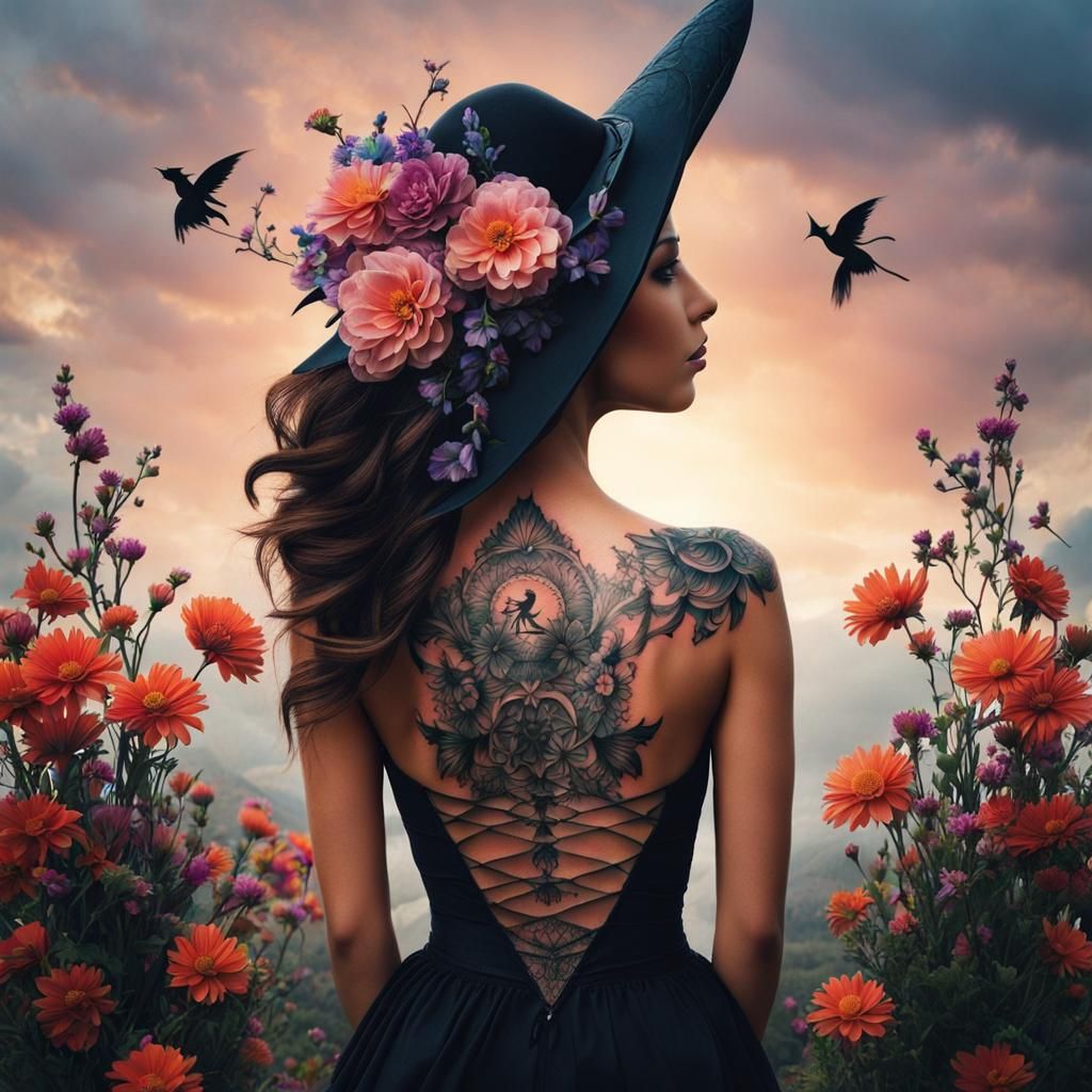 A Goddess amidst Blooming Beauty, a Flower Crown on Her Back