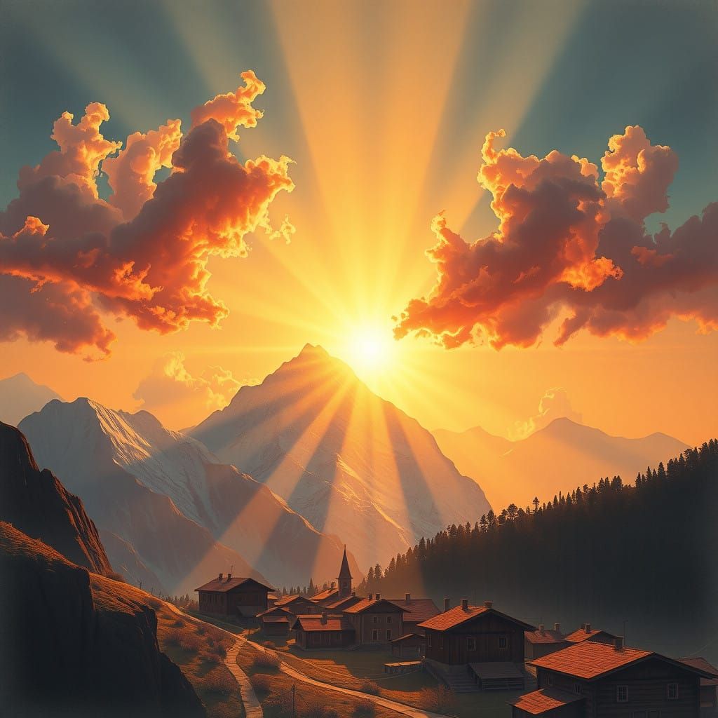 Ethereal Sunlight Breaks Through Majestic Mountain Peaks