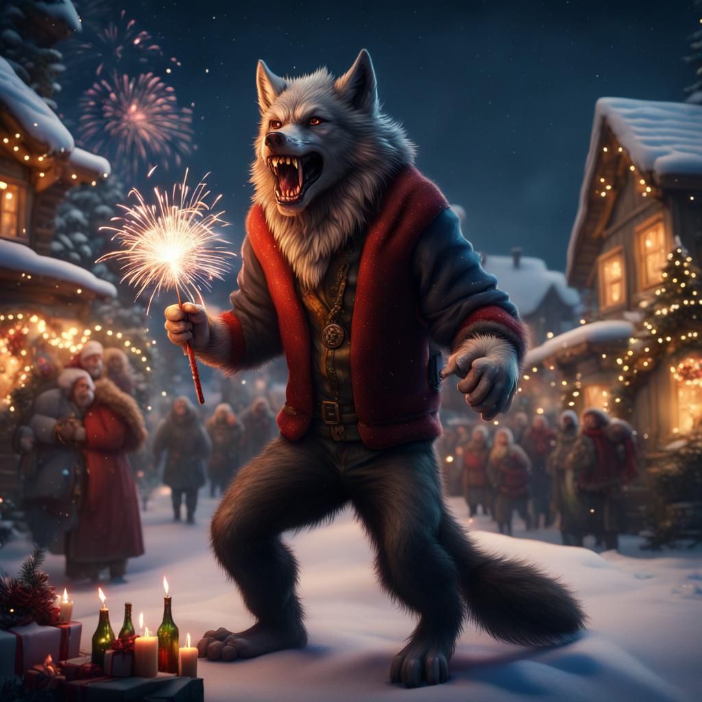 Werewolf Celebrates New Year's in Festive Christmas Village