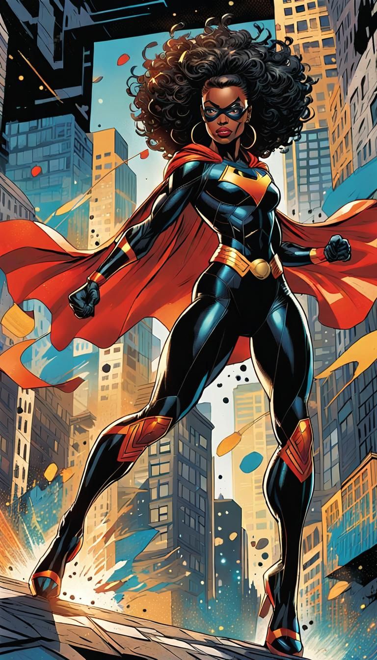 Black Female Superhero in Dynamic Pose, Stylized Comic Book....