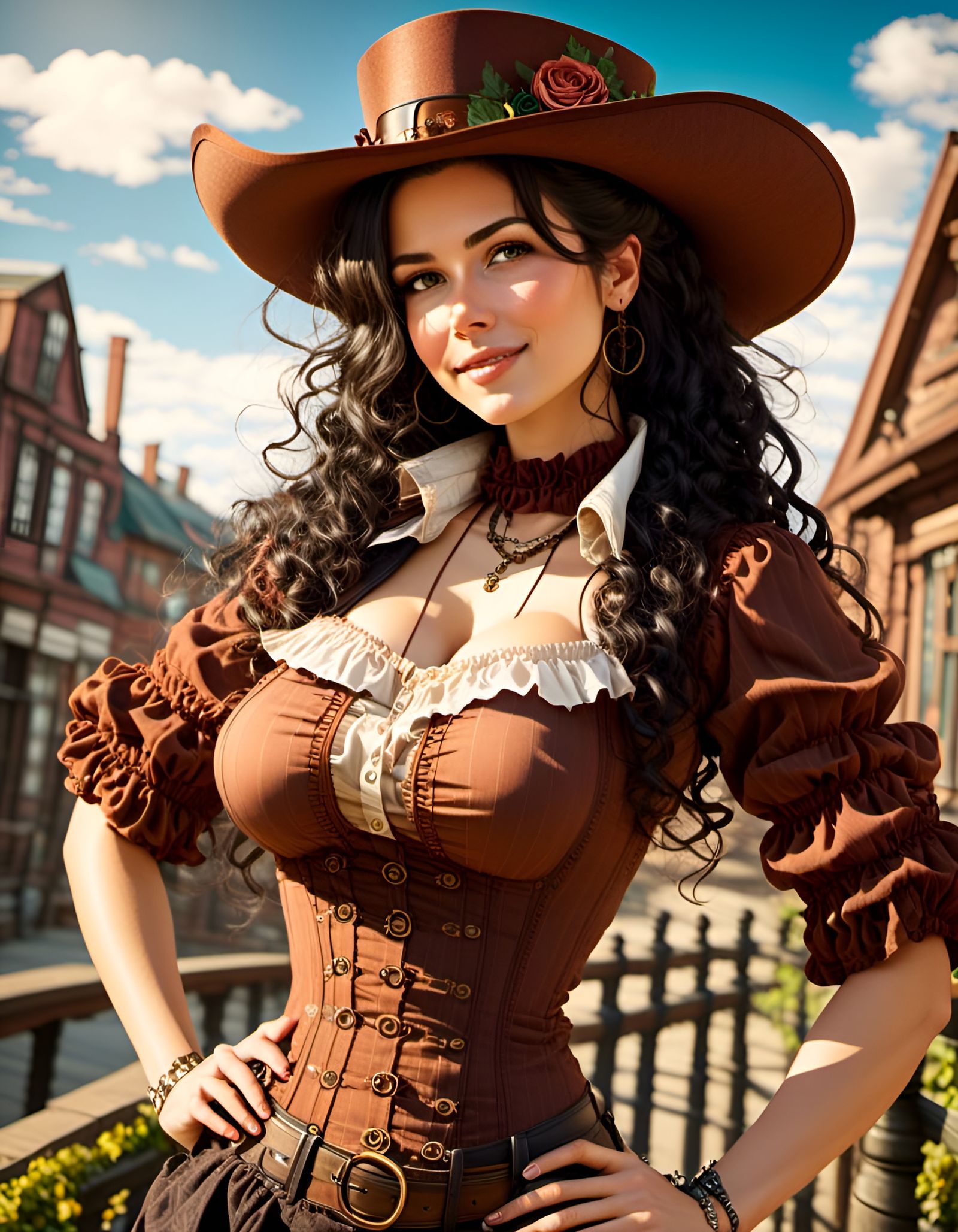 Steampunk Woman Posing in a Vibrant Sunlit Setting