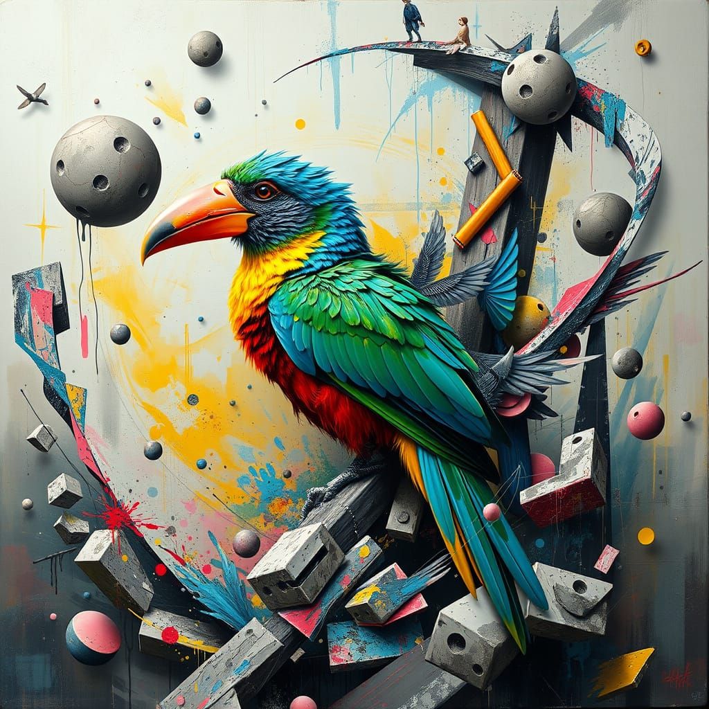Exotic Bird Entangled in Concrete Art