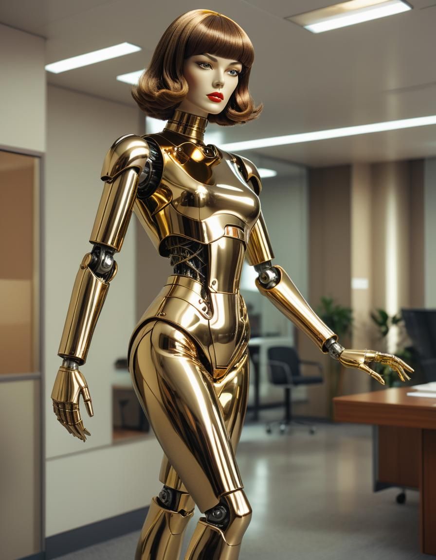 Retrofuturistic Gold Cyborg Woman Stands in Shimmering Offic...