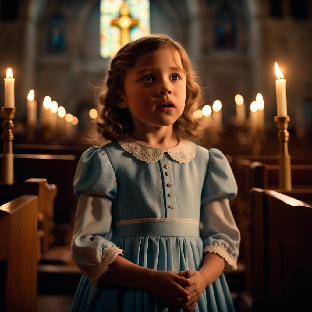 Bony Girl Sings in Golden Light within a Dusty Church