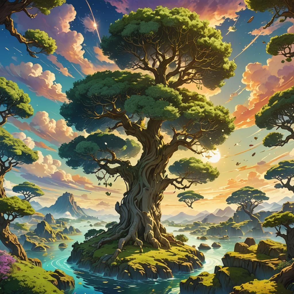 Whimsical Olive Tree in the Air, Vibrant Digital Art