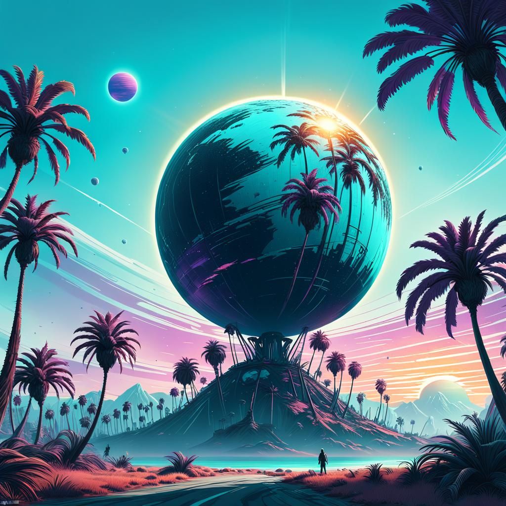 Hyper-Realistic Fantasy Palm Tree Planet in Turquoise and Am...
