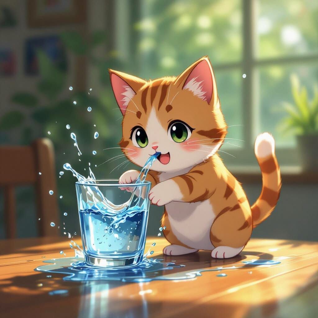 Kawaii Anime Cat Knocks Over Water in Soft Sunlight