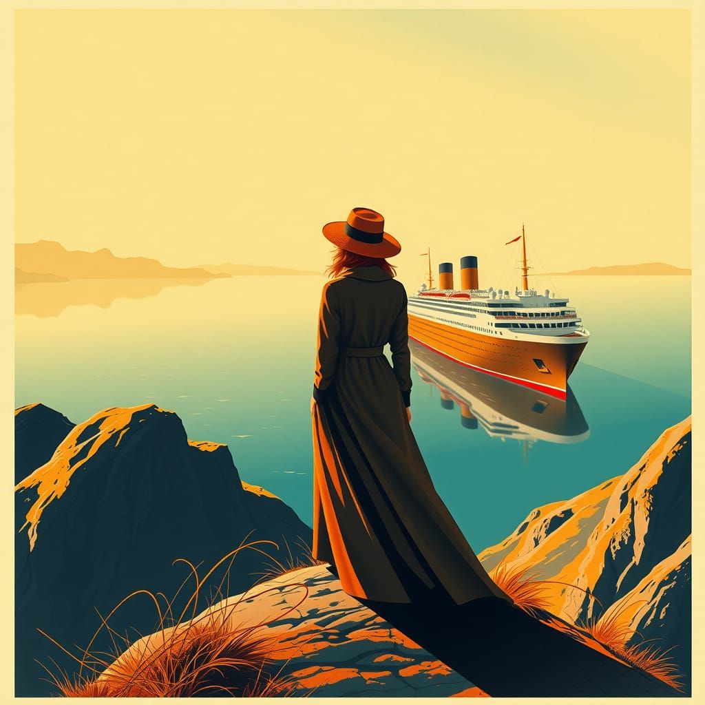 A Nostalgic Lady on a Serene Art Deco Ocean Scene