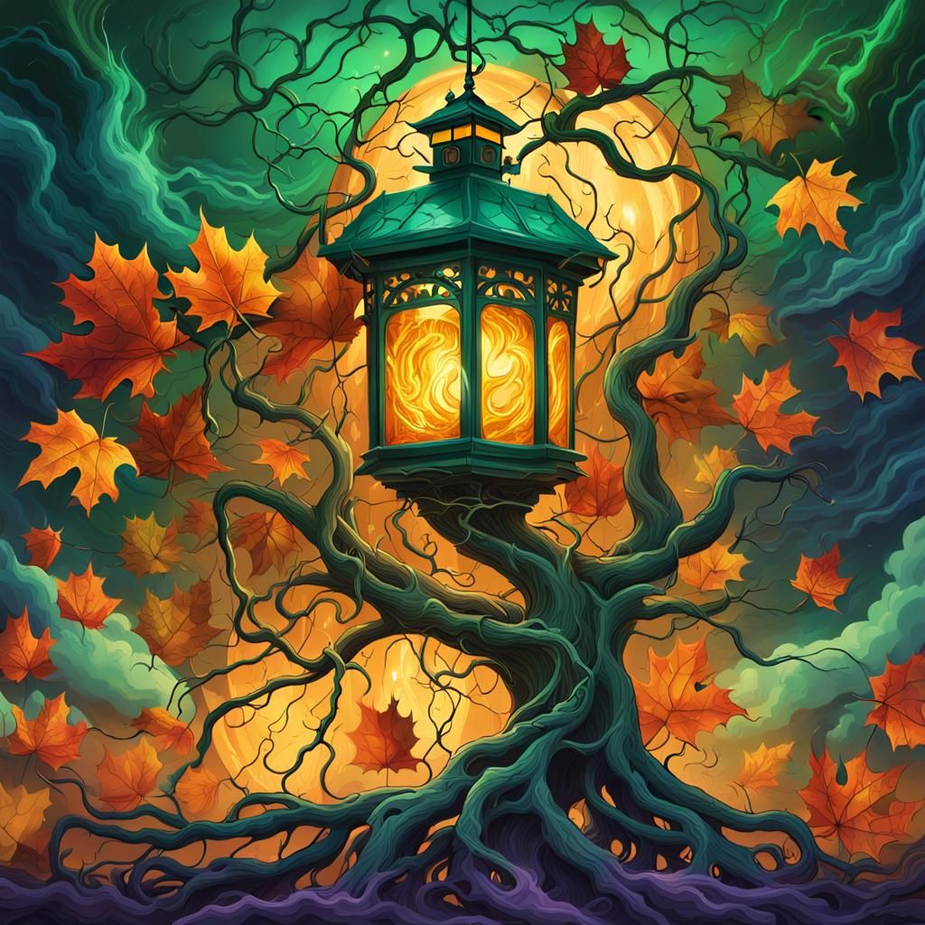 Mystical Autumn Storm Within Maple Leaf