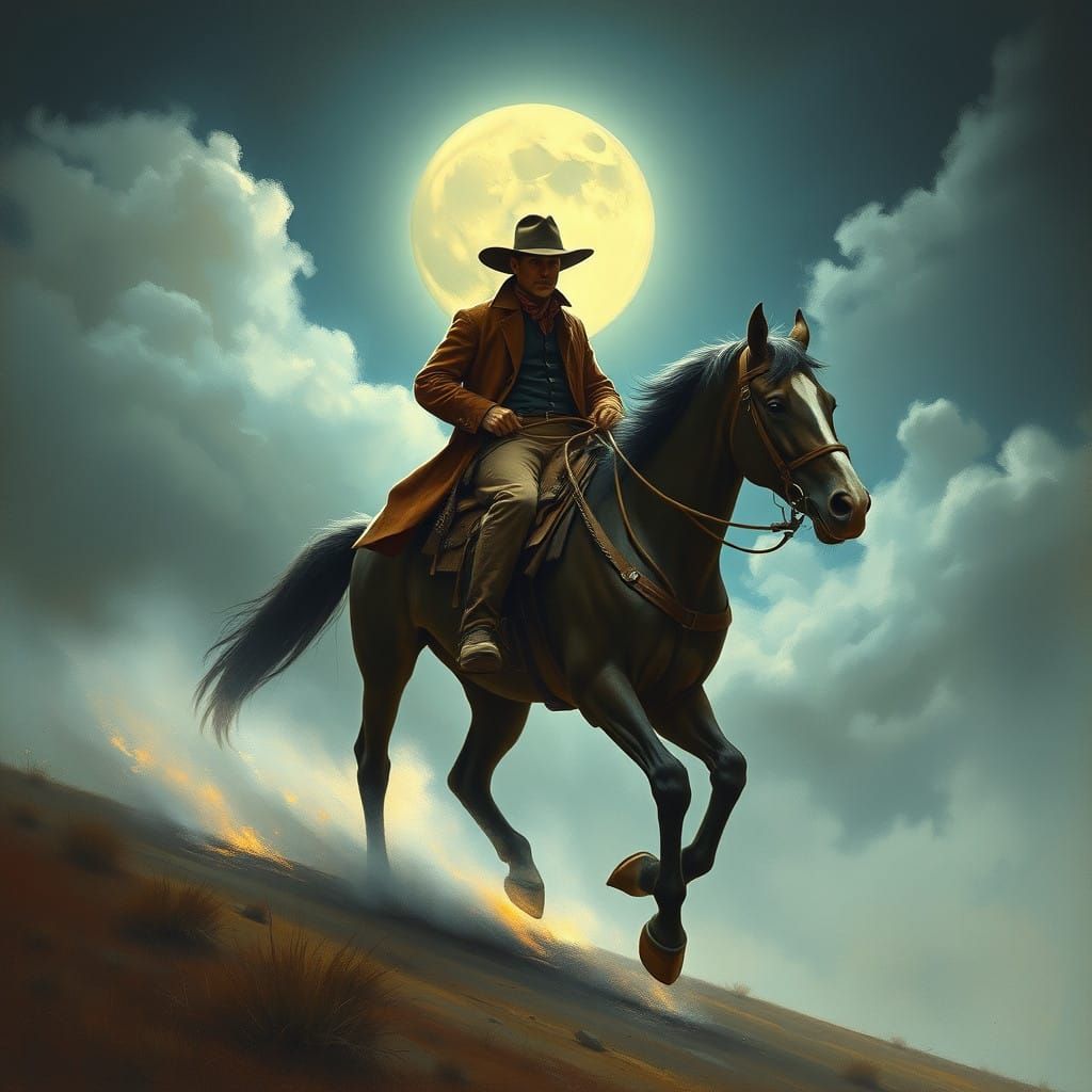 Ghostly Cowboy Rides into the Moonlit Sky
