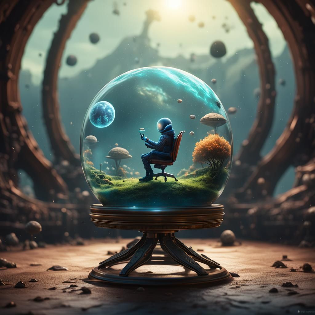 Surreal Alien Sits on Space Chair Holding Miniature Dreamsca...