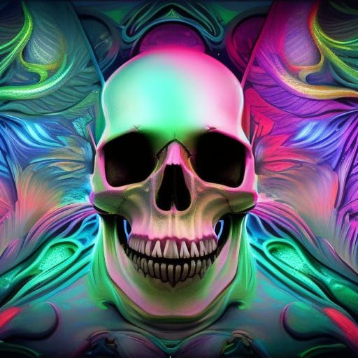 Vibrant, 3D Bioluminescent Skull Tattoo in Fantasy Art Style