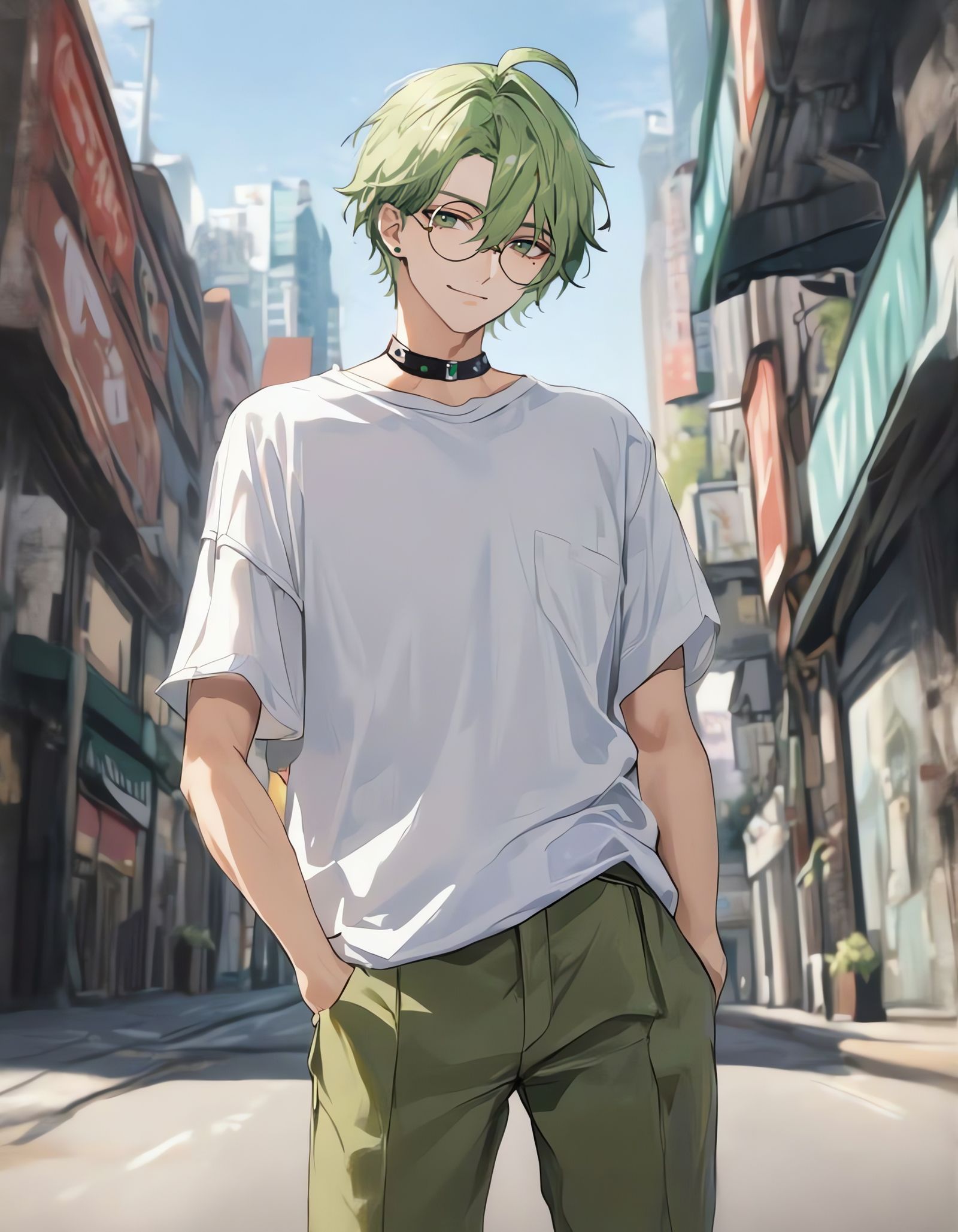 Bishounen in Green Jeans on City Street