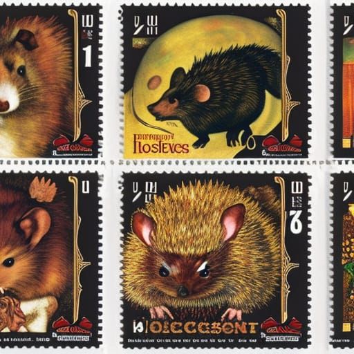 Stamps of Vampire, Mouse, and Hedgehog in Art Nouveau Style