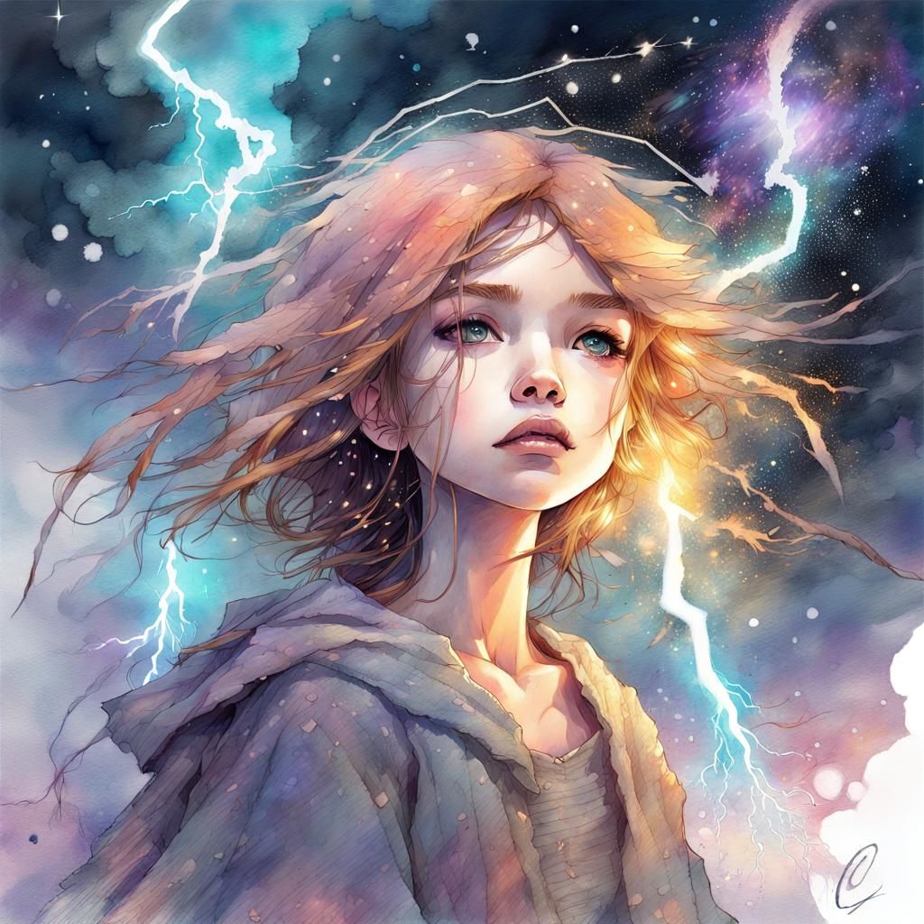 Cute Chibi Thunder Witch in a Galaxy Sunset Scene