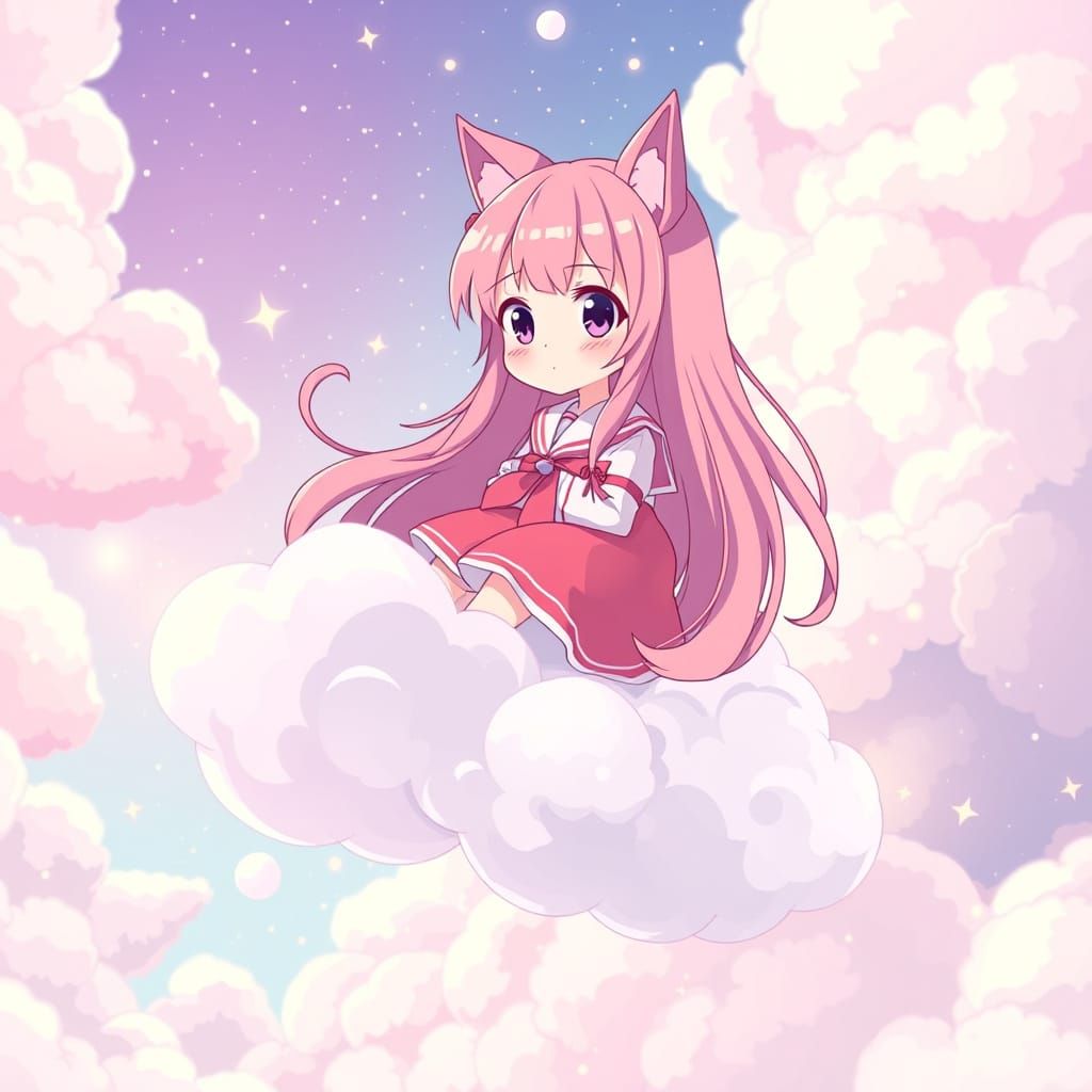 Magical Anime Girl Rides Cloud in Pastel Sky