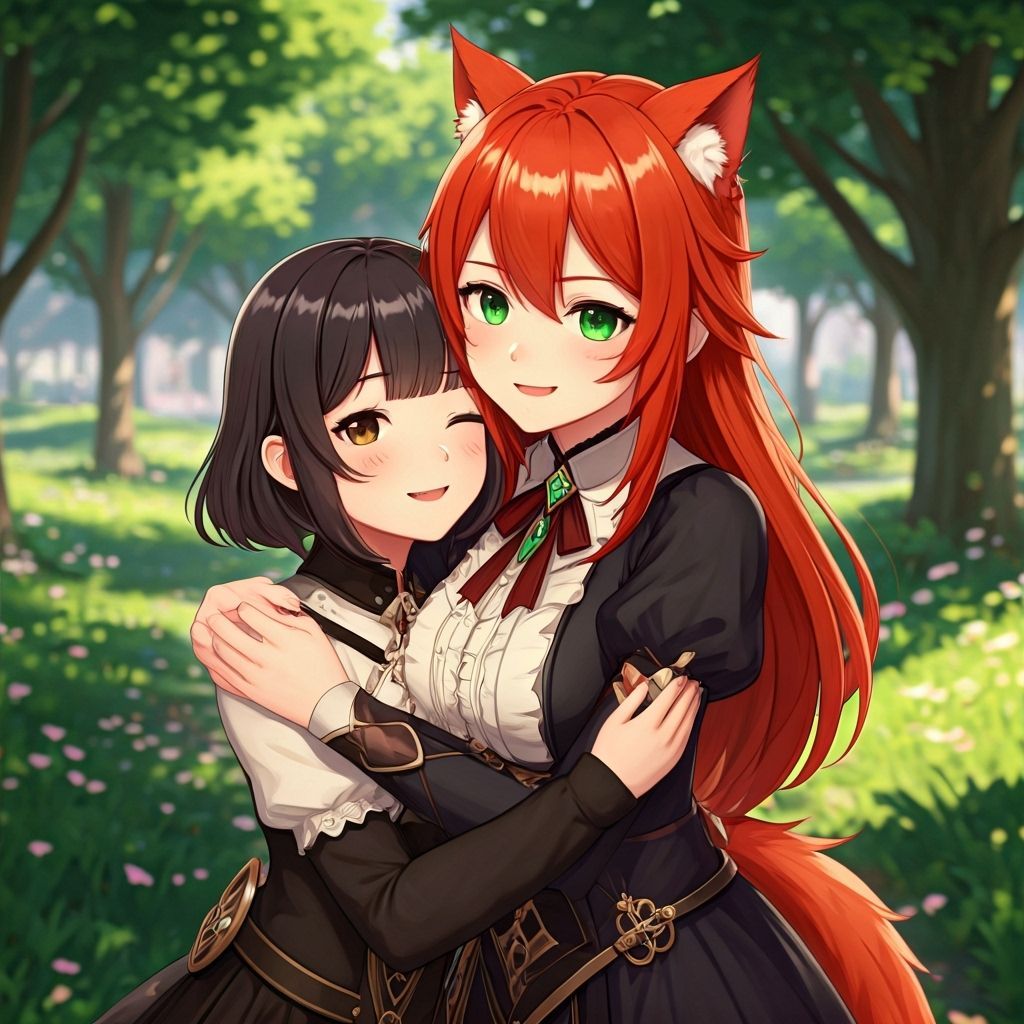 Two Anime Women Hugging in Park, 3D Render