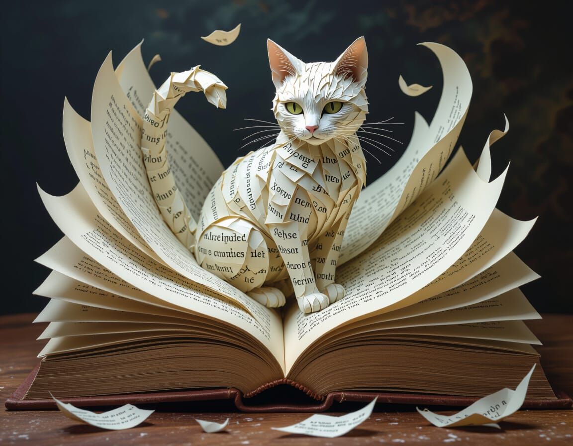 Paper Cat Emerges from Book in Surreal Scene