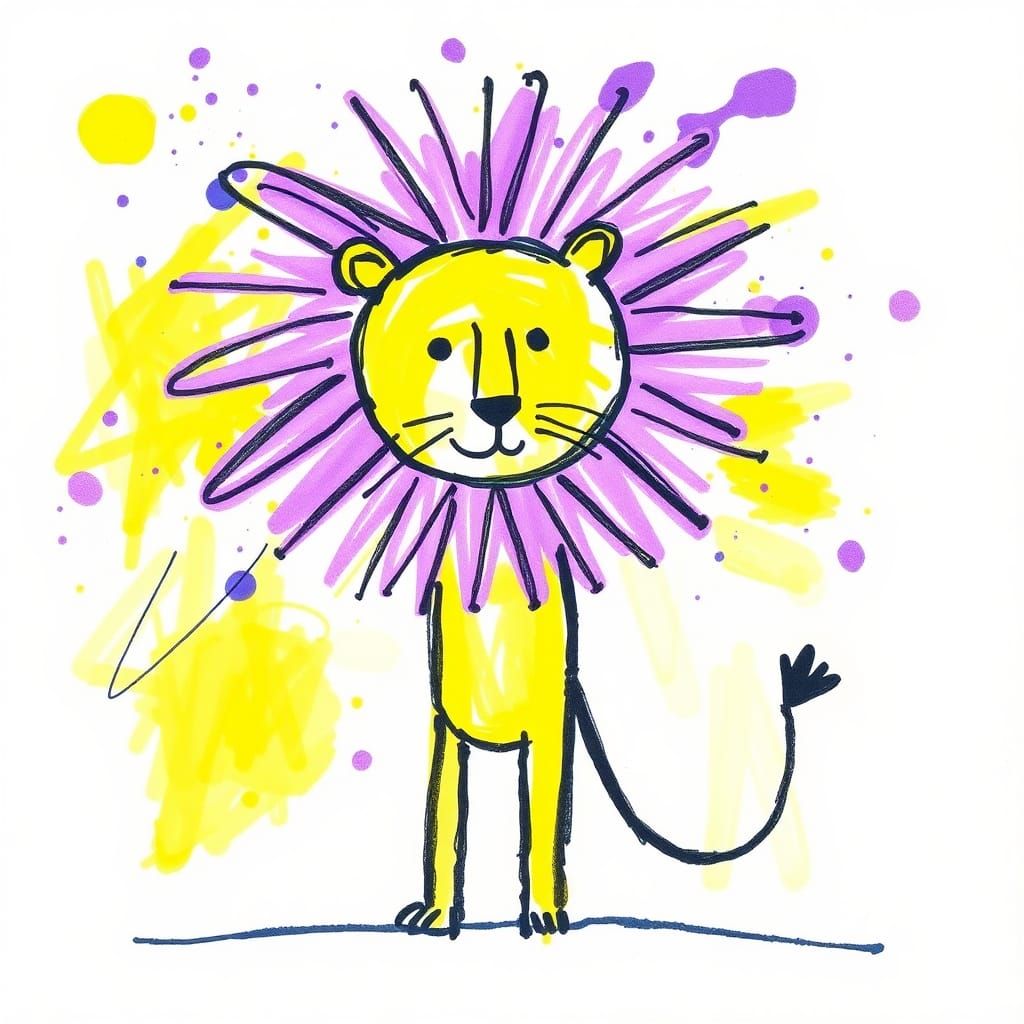 crude single  line stick figure lion ,child-like drawing wit...