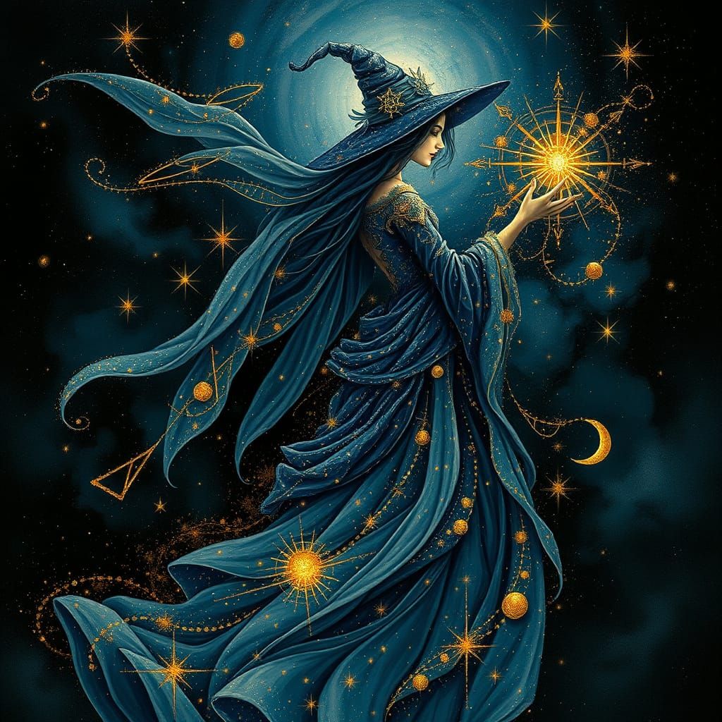 Celestial Witch in Constellation Gown Amidst Cosmic Nebulae