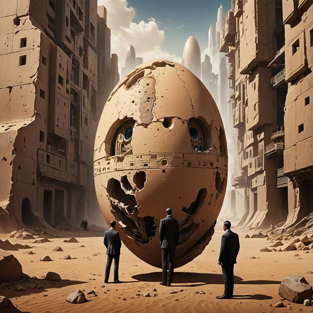 Elegant Business Egg Standing Before Desert City Entrance
