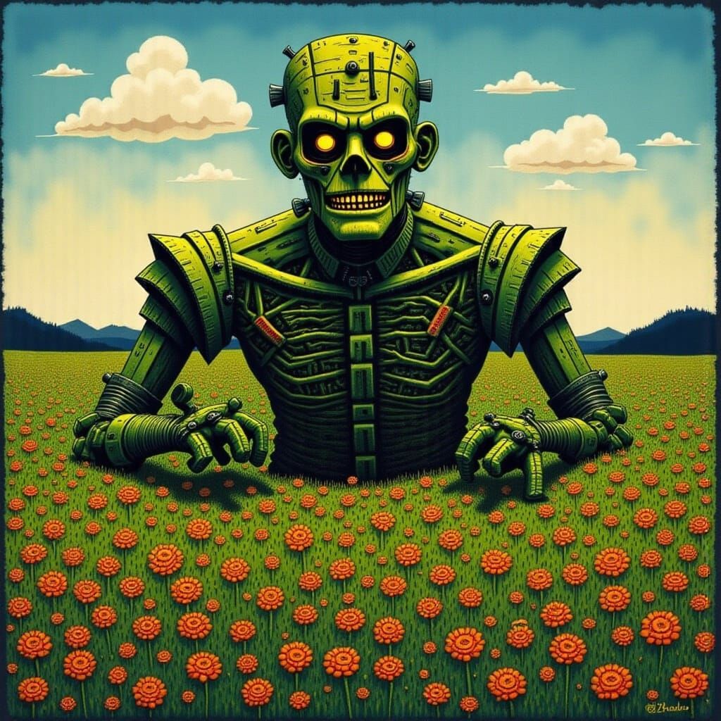 Giant Frankenstein in Field of Flowers with Silhouettes