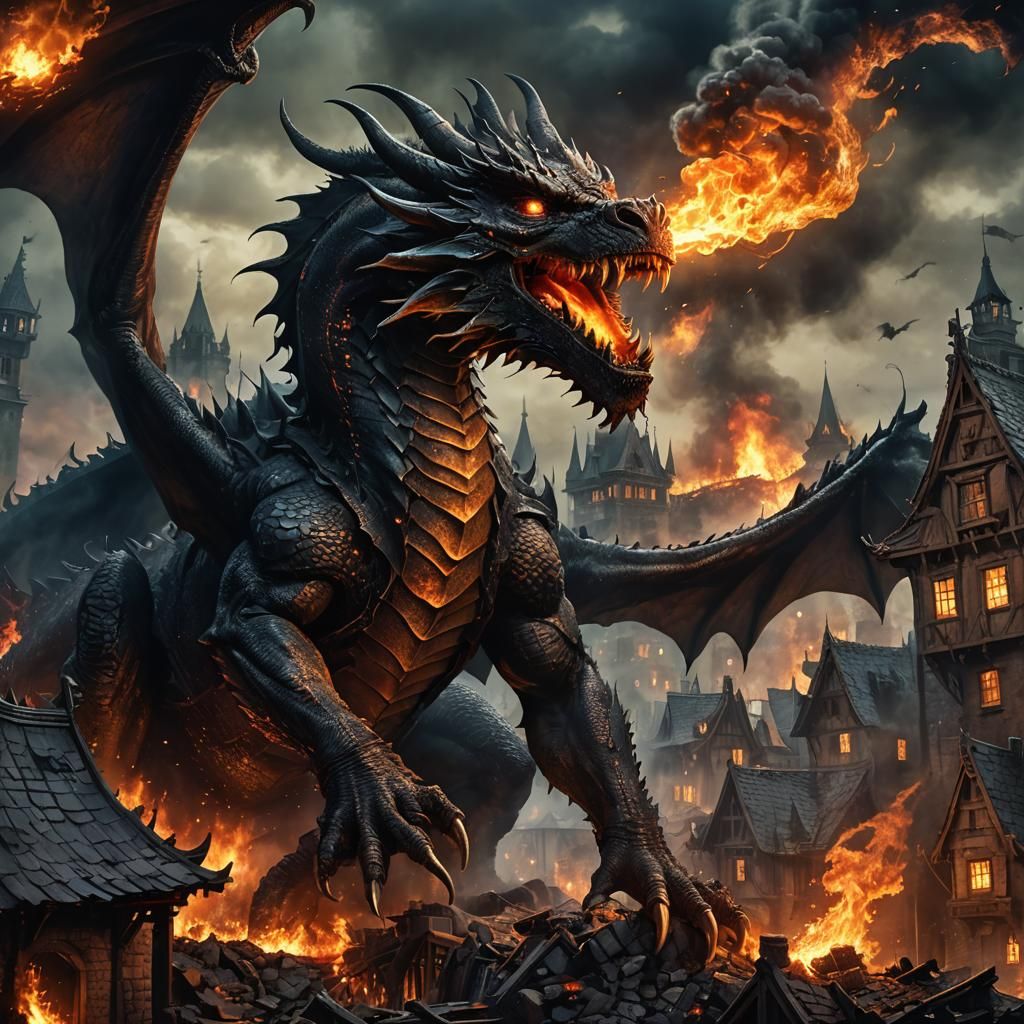 Dark Fantasy Dragon Unleashes Destruction in Grimy, High-Con...