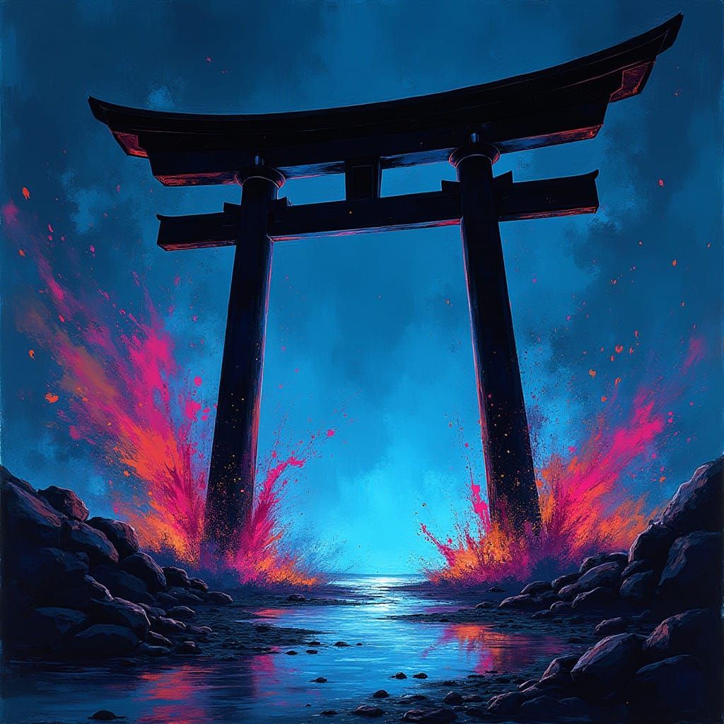 Majestic Black Torii Gate in Neon Blue Hues, Street Art Expl...