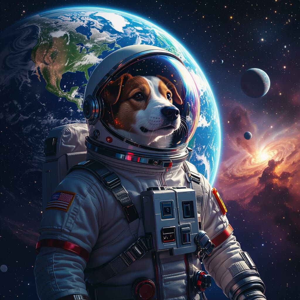 Dog Astronaut Floating in Space with Earth View