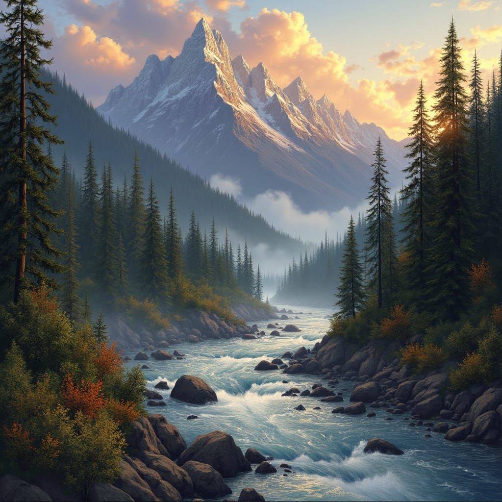 Mountain Range at Golden Hour in Film Noir Style