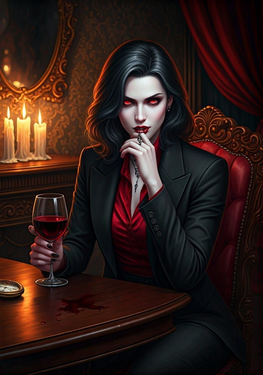 Mysterious Vampire Woman in Opulent Mansion