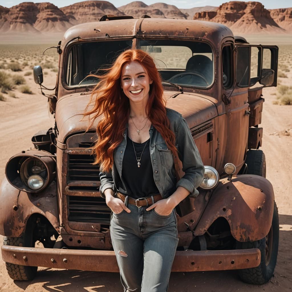 Red-Haired Adventurer Stands Proud Beside a Vintage Desert T...