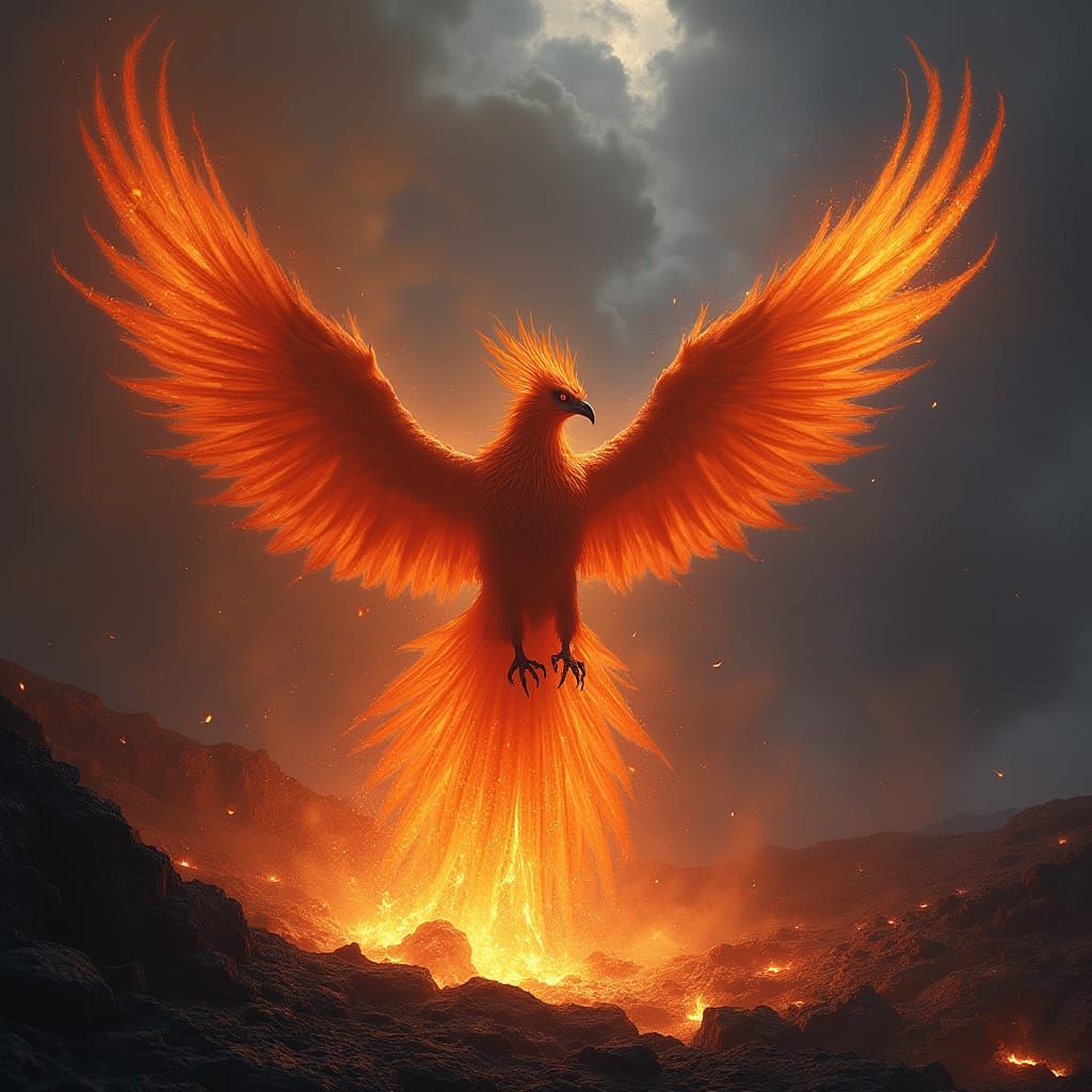 Majestic Phoenix of Lava and Obsidian Rises from Volcano