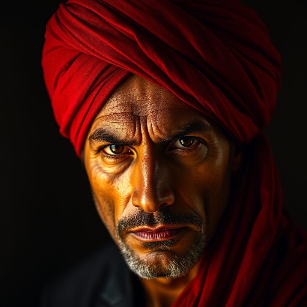 A Middle-Aged Man in Deep Red Turban, Gazing Directly, in In...