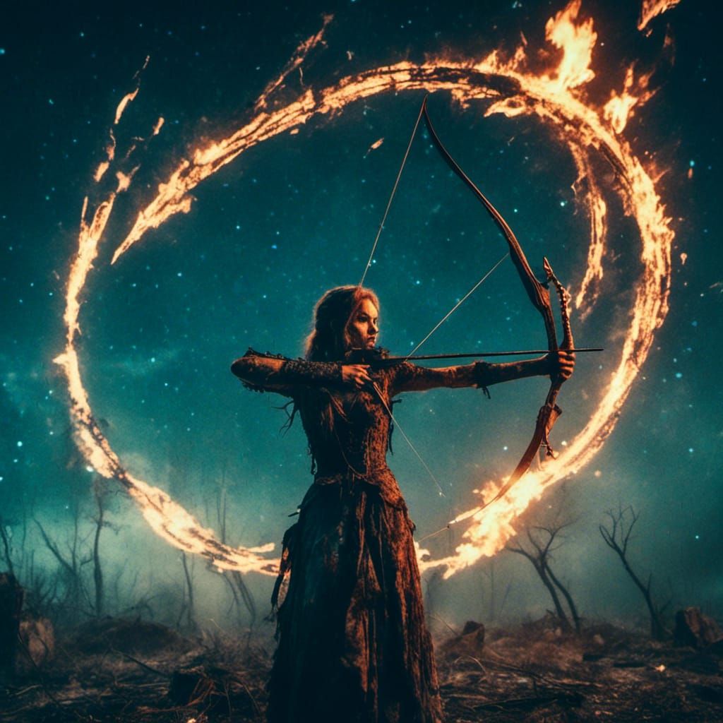 Dystopian Warrior Shines with Flame Arrows under Starry Diam...