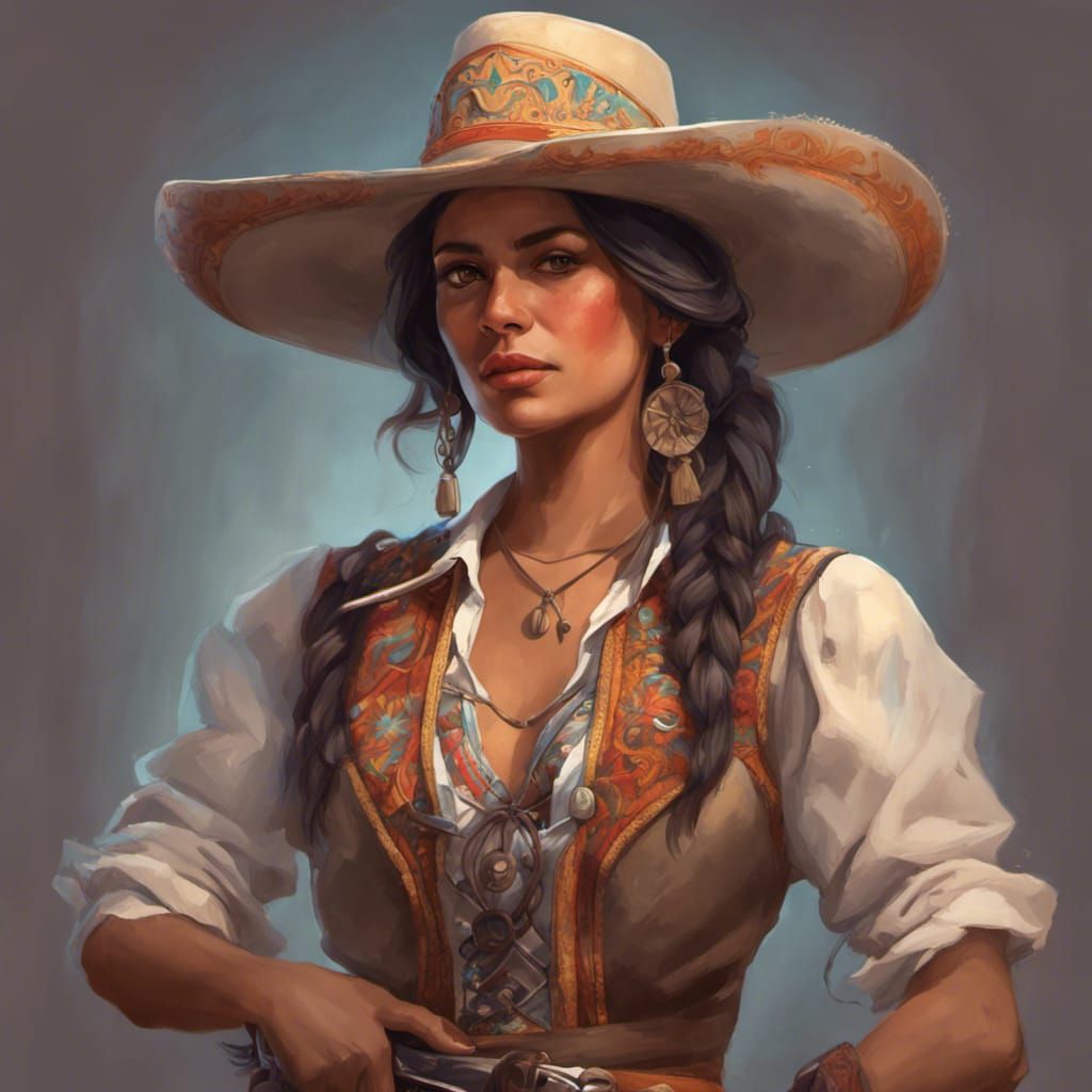Vibrant Latin Woman in Charro Hat Holding Tools